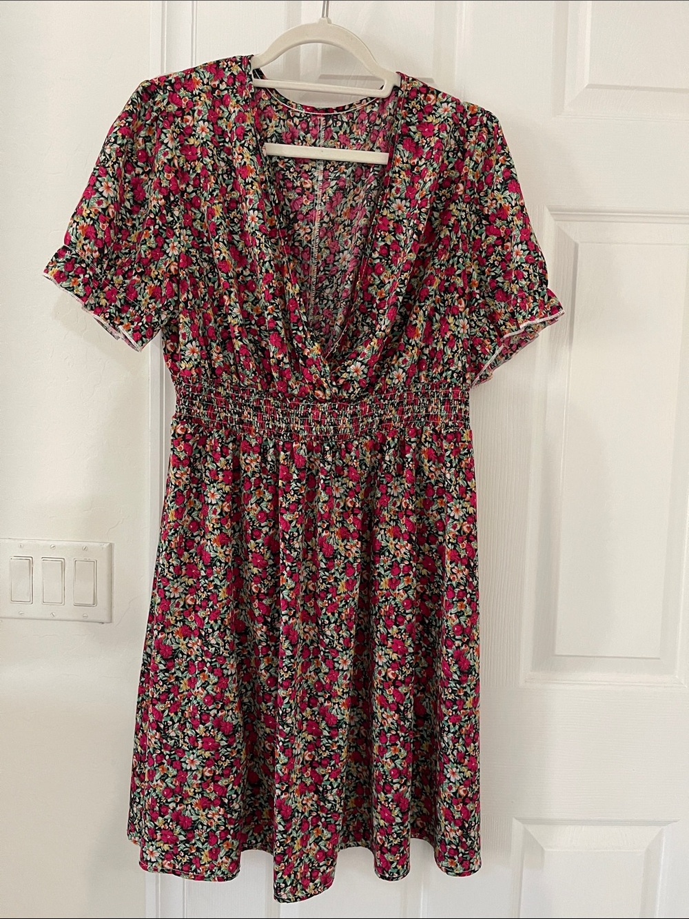 Floral Smocked Waist V-Neck Dress in Fuchsia